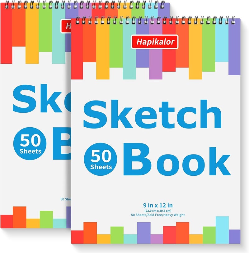 Hapikalor 9" x 12" Sketch Book, 2-Pack 50 Sheets Spiral Bound Art Sketchbook, Acid Free Artist Drawing Book Paper, Art Supplies for Adults Kids, Craft Activities, Sketch Paper for Drawing Coloring Sketching - Image 1